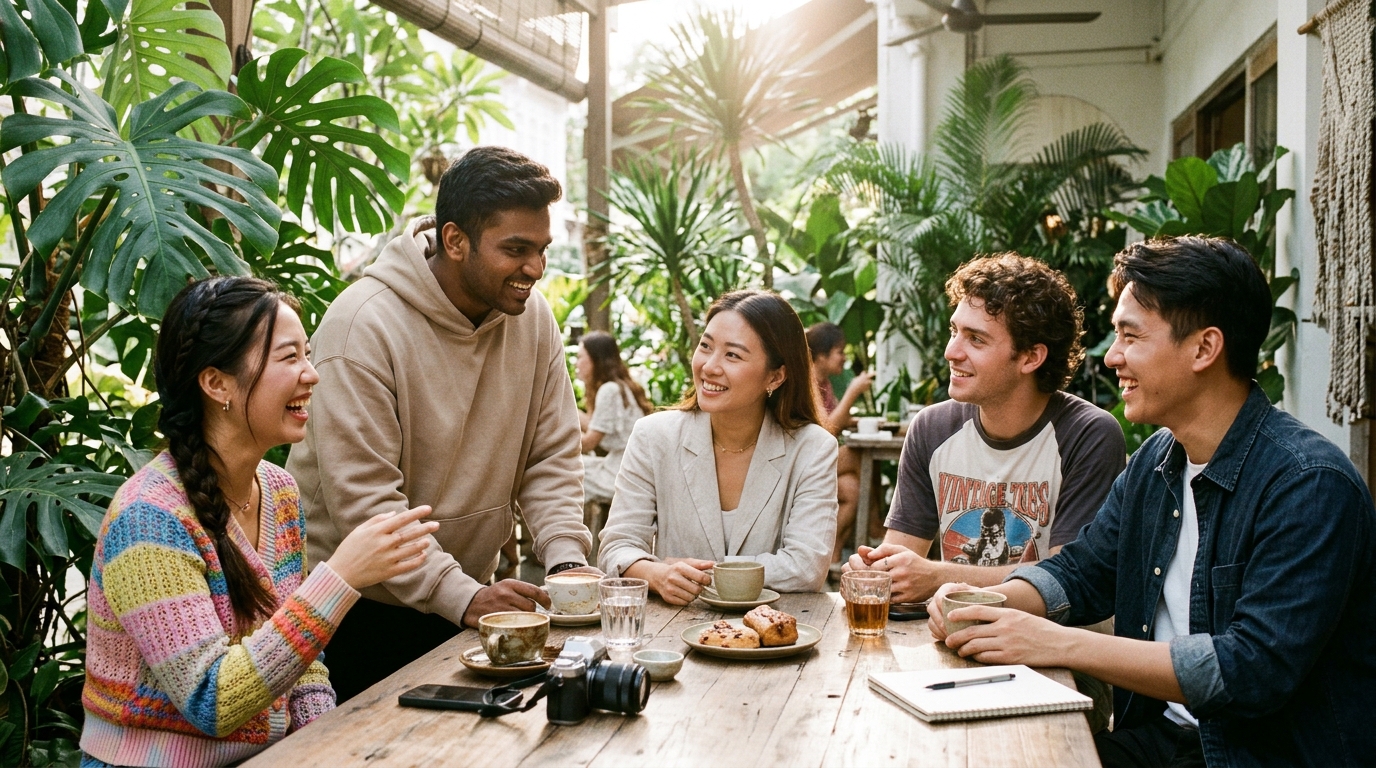 Young diverse adults in Singapore sharing warm conversation around a wooden table in a sunlit verandah cafe.